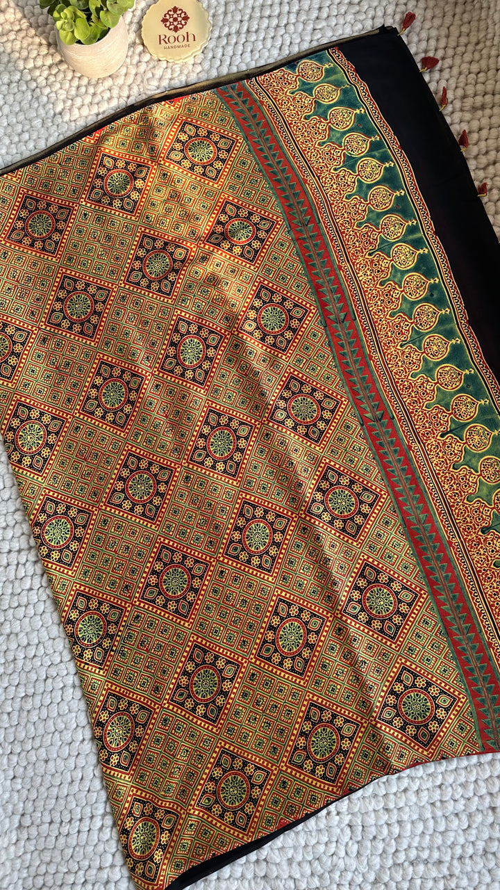 YELLOW CHARMS - AJRAKH HAND BLOCK MARBLE PRINTED PREMIUM MODAL SILK SAREE  (ONLY AVAILABLE ON PRE-ORDER - DISPATCH TIME IS 30-35 DAYS)
