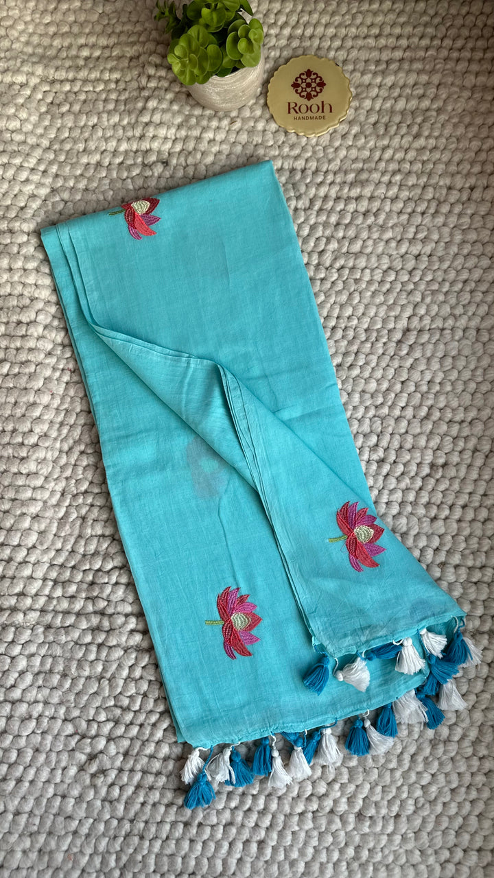 SKY BLUE - LOTUS EMBROIDERED PURE SUPER SOFT MULMUL COTTON SAREE