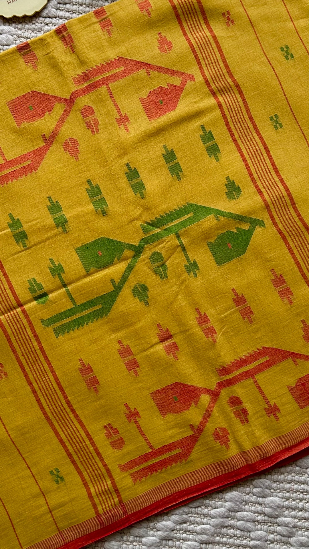PREMIUM JAMDANI WEAVE HANDWOVEN AND HANDSPUN COTTON SAREE -  AMBER YELLOW