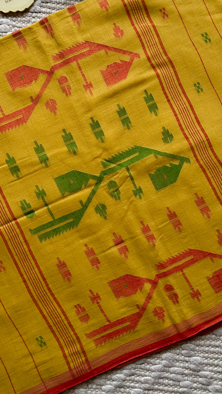 PREMIUM JAMDANI WEAVE HANDWOVEN AND HANDSPUN COTTON SAREE -  AMBER YELLOW