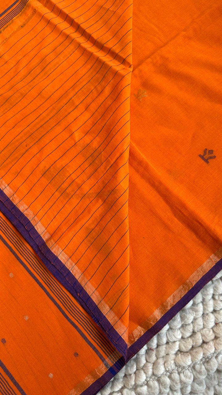 PREMIUM NEEDLE WORK JAMDANI HANDWOVEN AND HANDSPUN COTTON SAREE - SAFFRON ORANGE