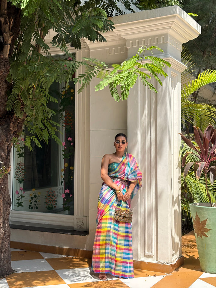 HANDWOVEN MULTICOLOUR CHECKERED MULMUL COTTON SAREE - 05 (DISPATCH TIME - 7 TO 10 DAYS)