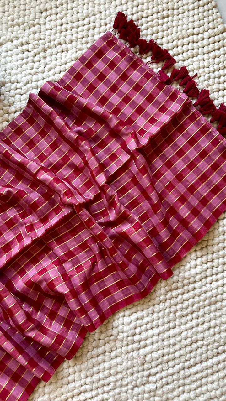 HANDWOVEN MULTICOLOUR CHECKERED MULMUL COTTON SAREE - 01 (DISPATCH TIME - 5 TO 7 DAYS)