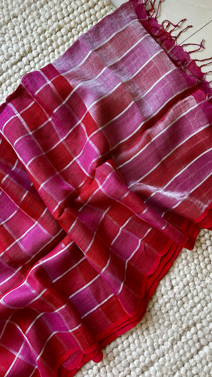 Multi Colour Checked Pure Handwoven Linen Saree - 004