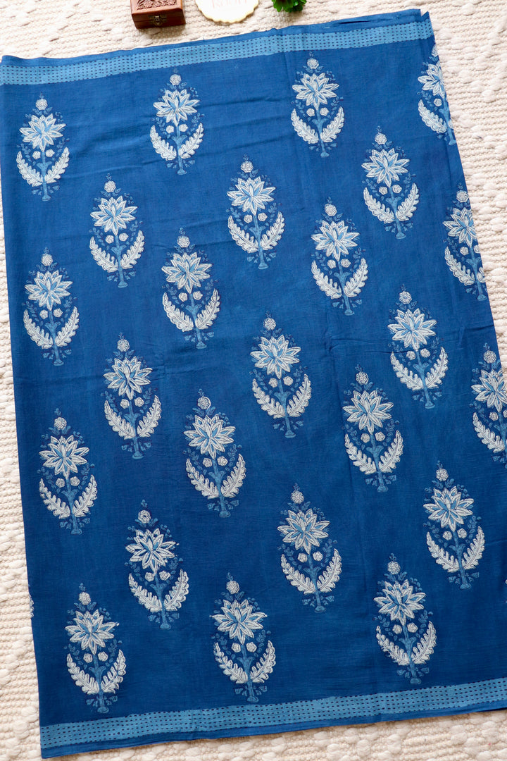 AKOLA INDIGO HAND BLOCK DABU PRINTED SOFT MULMUL COTTON SAREE- 019