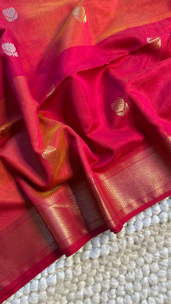 HOT PINK & ORANGE DUAL TONE- PREMIUM HANDWOVEN MAHESHWARI SILK BY COTTON SAREE (DISPATCH TIME IS 10-15 DAYS)
