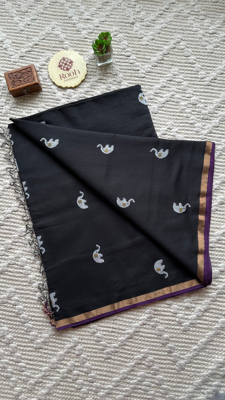 PREMIUM JAMDANI WEAVE HANDWOVEN PURE SILK BY PURE COTTON SAREE - OXFORD BLACK