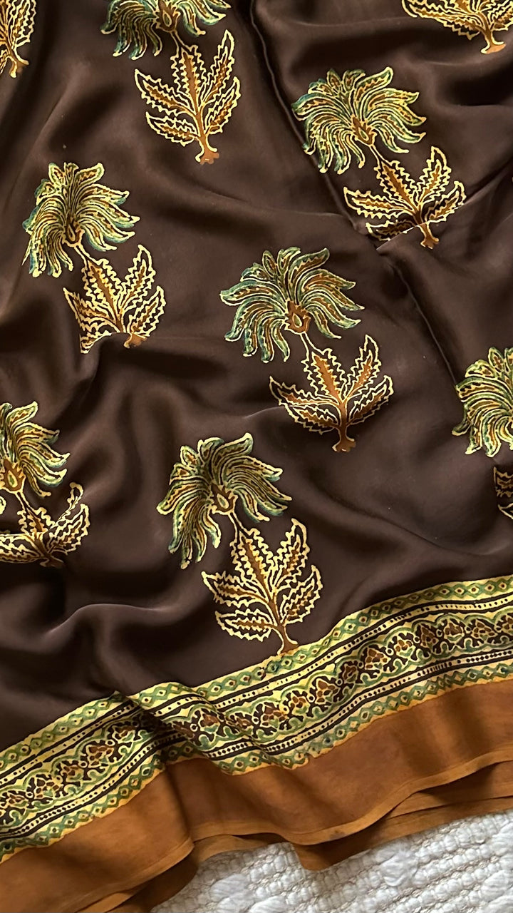 CINNAMON BLOSSOMS - DEEP BROWN PREMIUM AJRAKH HAND BLOCK PRINTED MODAL SILK SAREE(ONLY AVAILABLE ON PRE ORDER- DISPATCH TIME IS 30-45 DAYS)