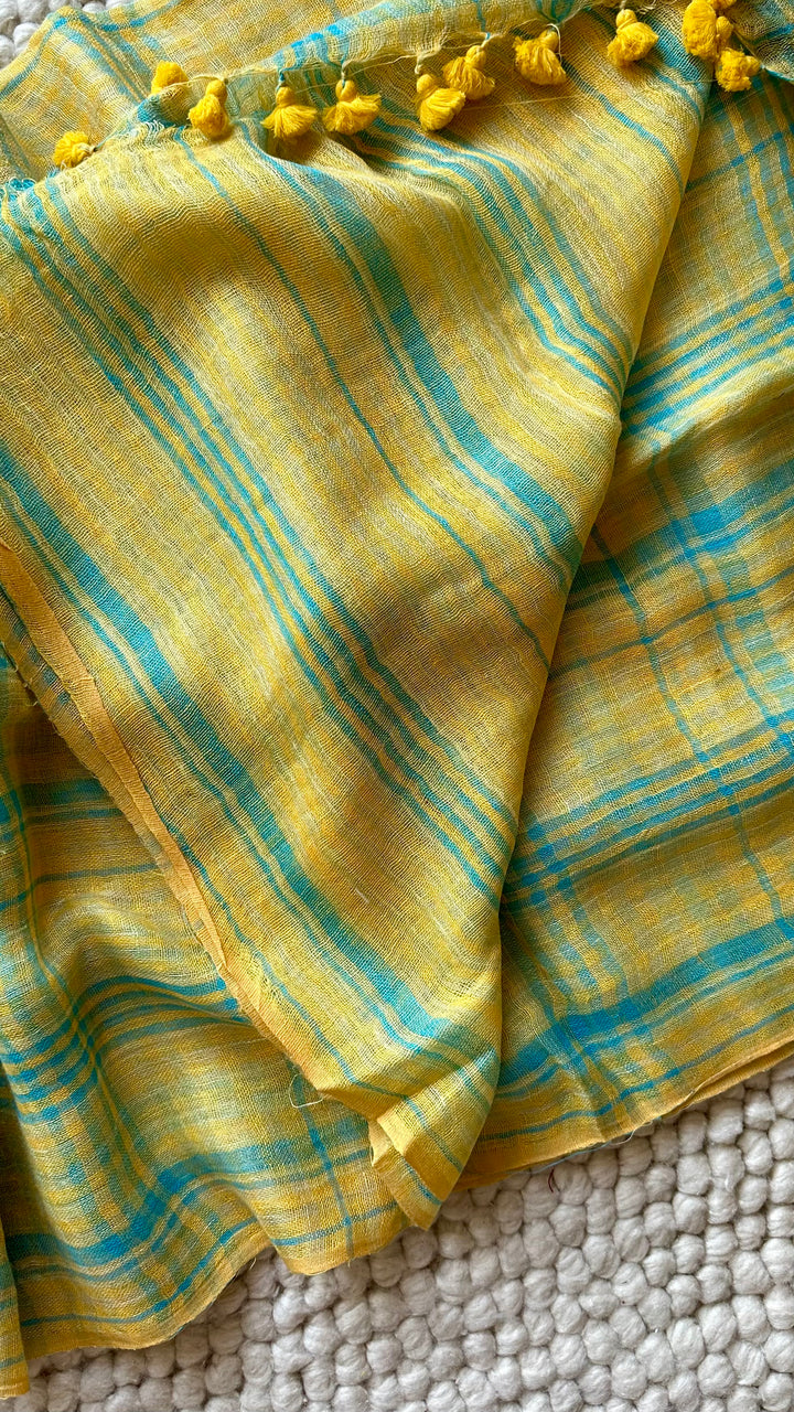 Multi Colour Checked Pure Handwoven Linen Saree - 005