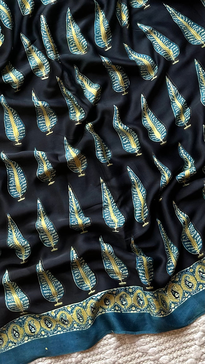 MIDNIGHT PINES - SUPER PREMIUM & BUTTERY SOFT AJRAKH HAND BLOCK PRINTED MODAL SILK SAREE