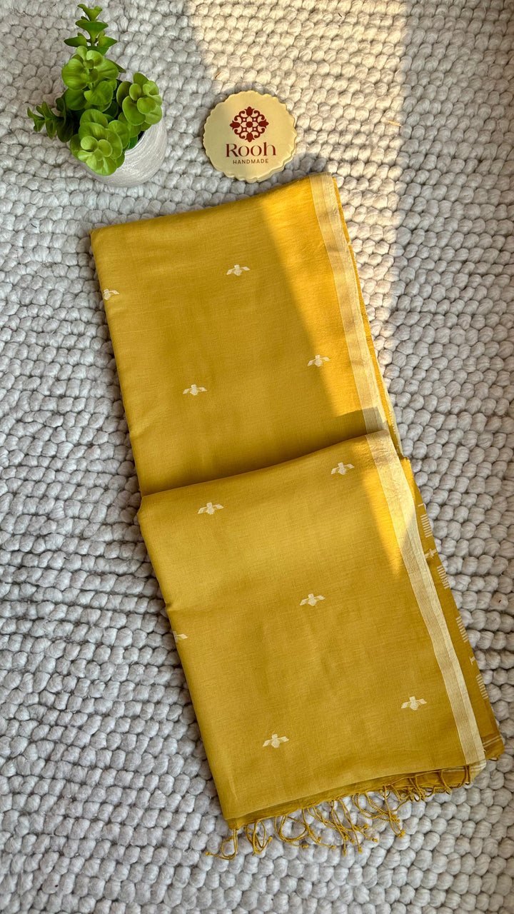 PREMIUM NEEDLE WORK JAMDANI HANDWOVEN AND HANDSPUN COTTON SAREE -  OCHRE YELLOW