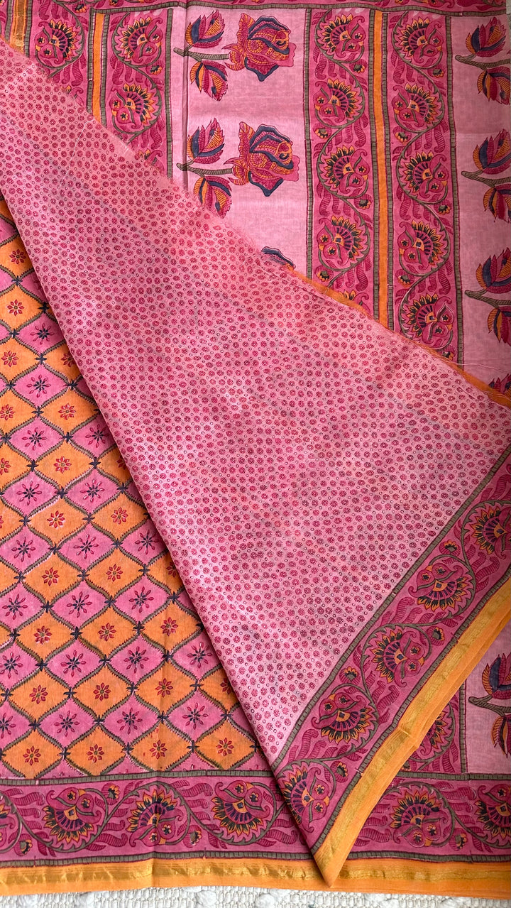 SANGANERI HAND BLOCK PRINTED SILK COTTON SAREE- 007
