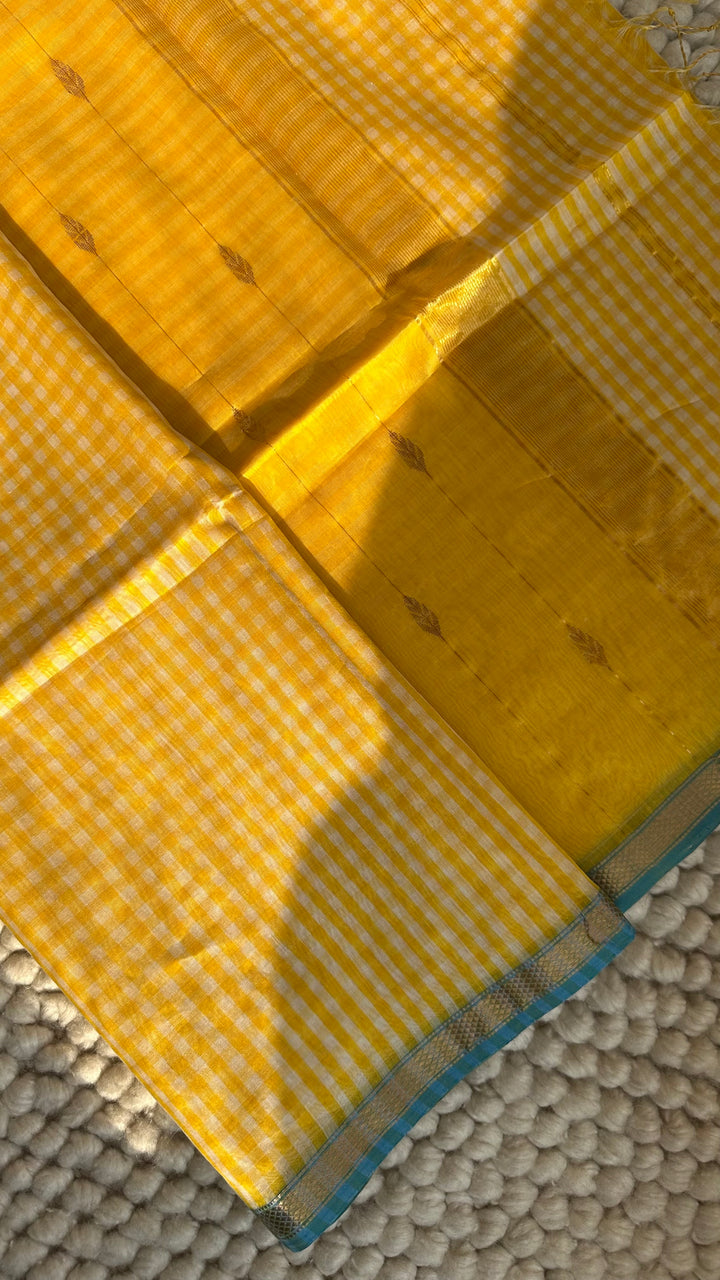 SUNSHINE YELLOW CHECKS - PREMIUM HANDWOVEN MAHESHWARI SILK BY COTTON SAREE (DISPATCH TIME IS 15-20 DAYS)