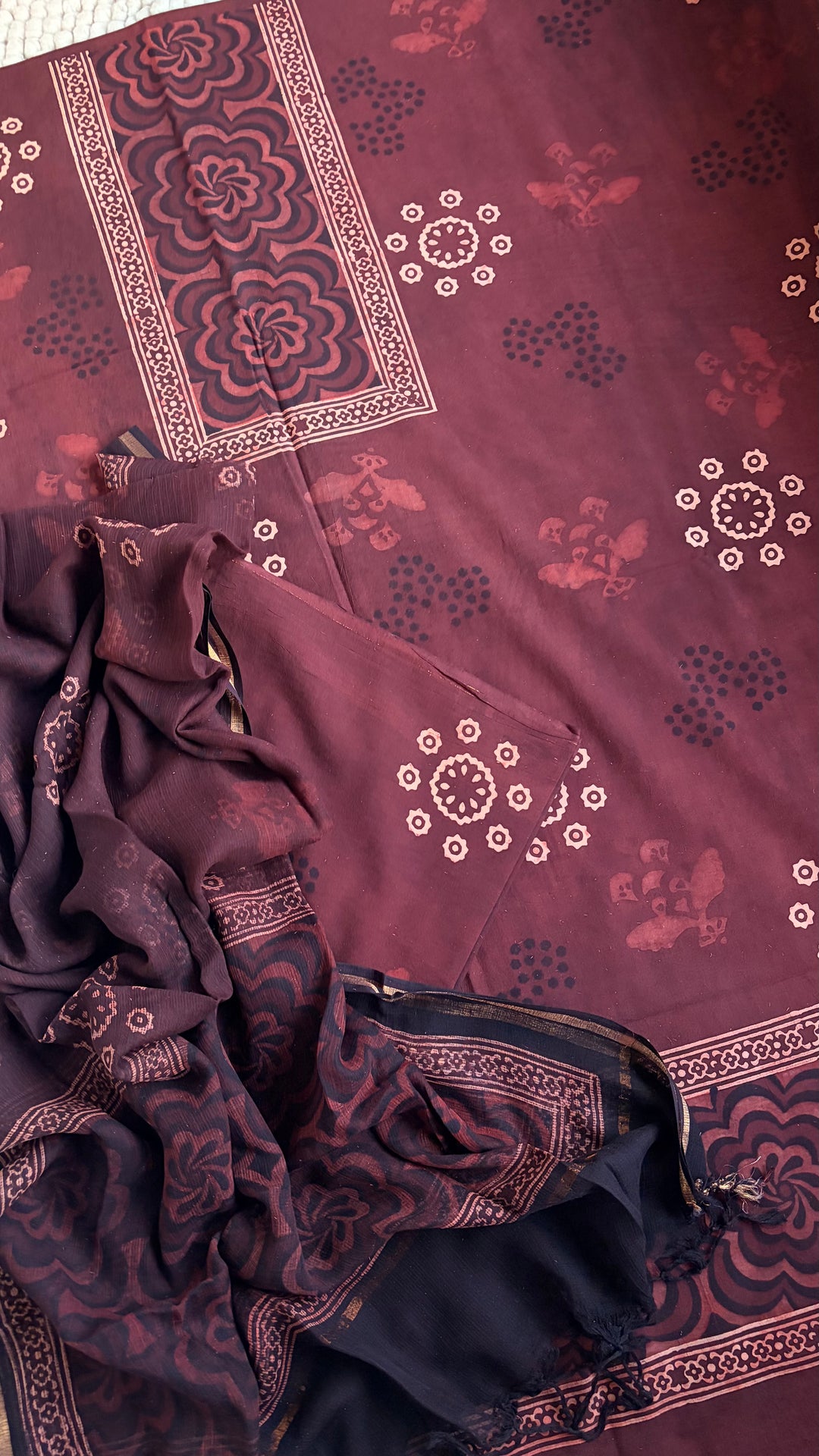 AJRAKH HANDBLOCK PRINTED UNSTITCHED DRESS MATERIAL (SET OF THREE)- RUSTY BROWN