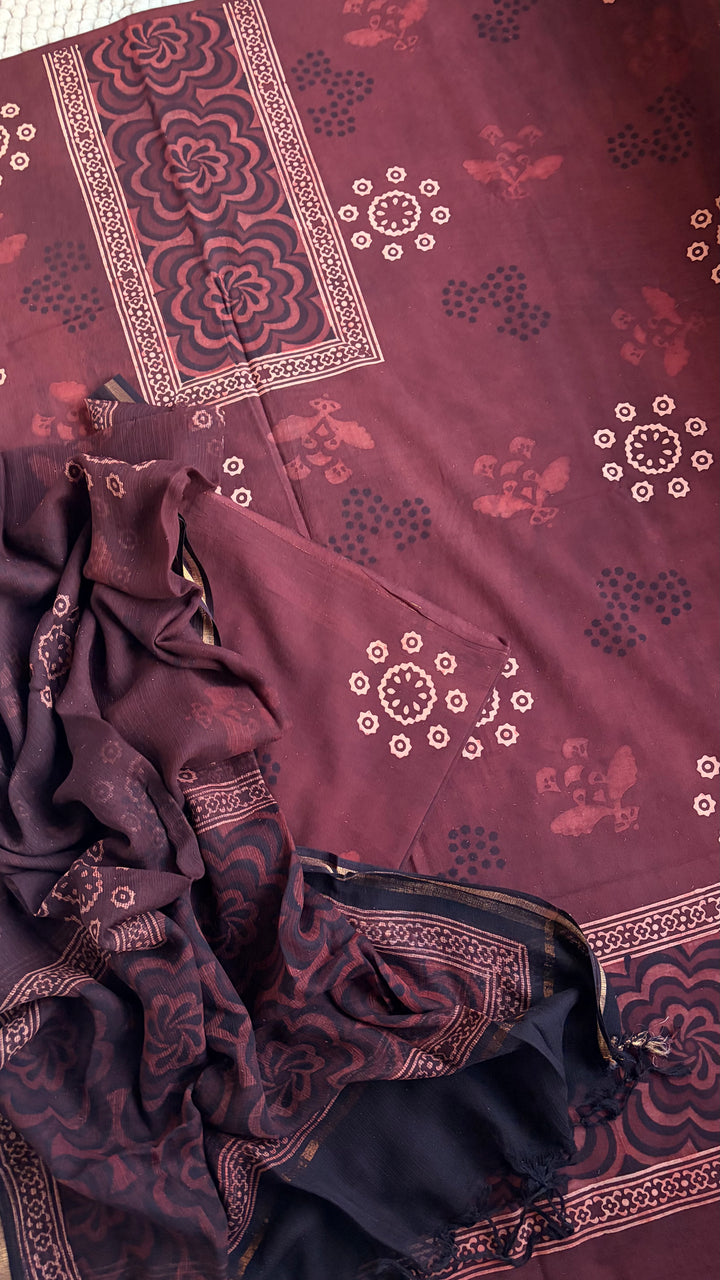 AJRAKH HANDBLOCK PRINTED UNSTITCHED DRESS MATERIAL (SET OF THREE)- RUSTY BROWN