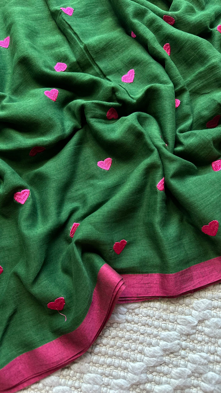 DIL - FOREST GREEN & PINK SUPER SOFT MUL COTTON SAREE