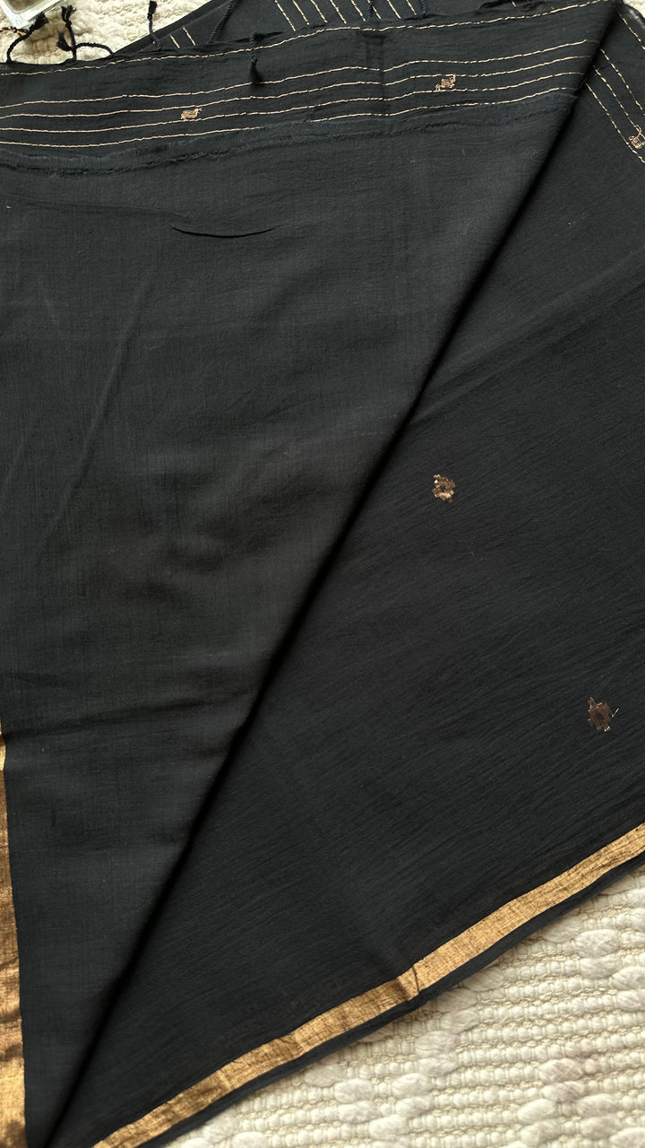 PREMIUM JAMDANI WEAVE HANDWOVEN AND HANDSPUN COTTON SAREE - RAVEN BLACK