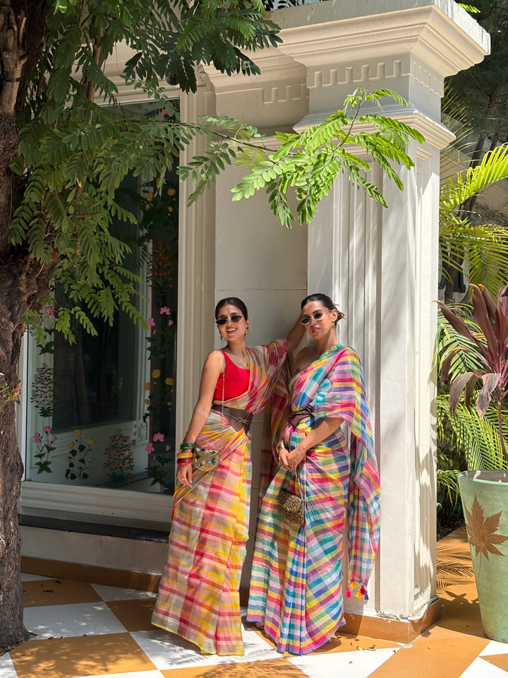 HANDWOVEN MULTICOLOUR CHECKERED MULMUL COTTON SAREE - 05 (DISPATCH TIME - 7 TO 10 DAYS)