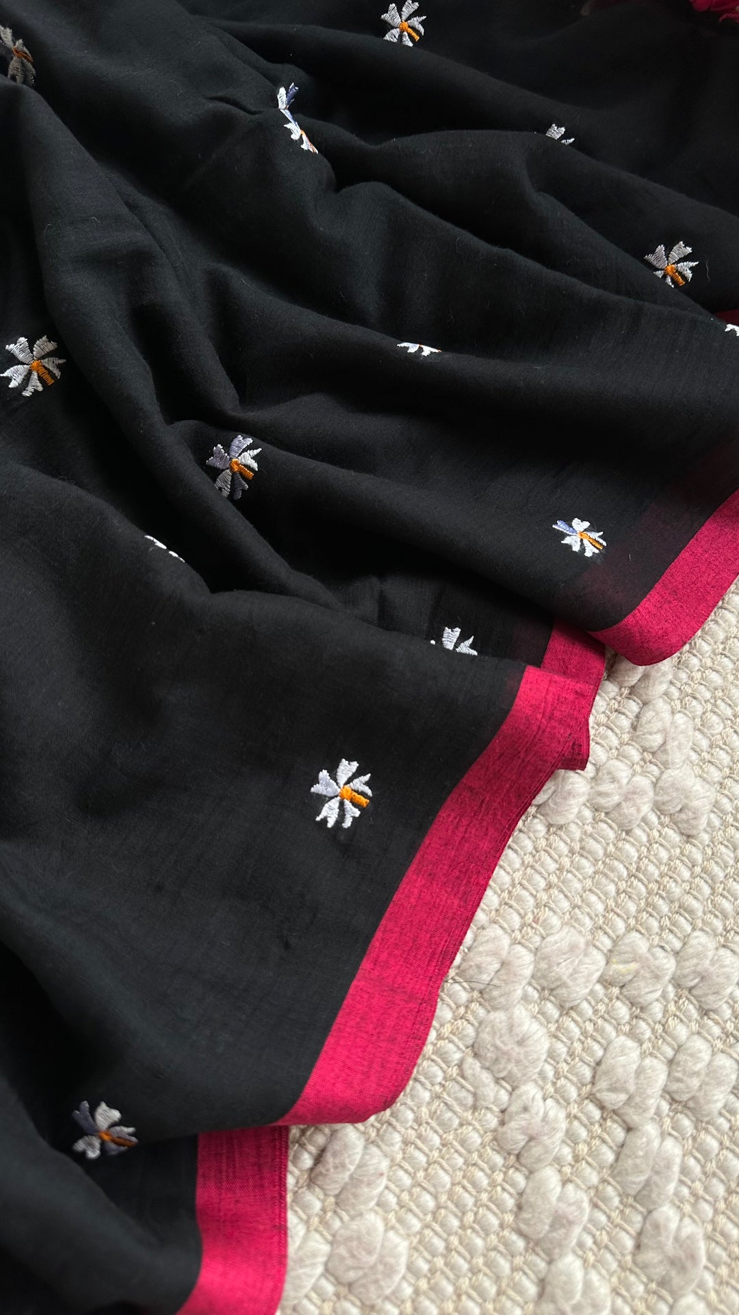 SHIULI - BLACK WITH PINK BORDER SUPER SOFT MUL COTTON SAREE (DISPATCH TIME- 7 TO 10 DAYS)