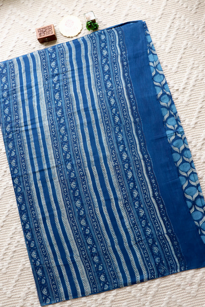 AKOLA INDIGO HAND BLOCK DABU PRINTED SOFT MULMUL COTTON SAREE- 020