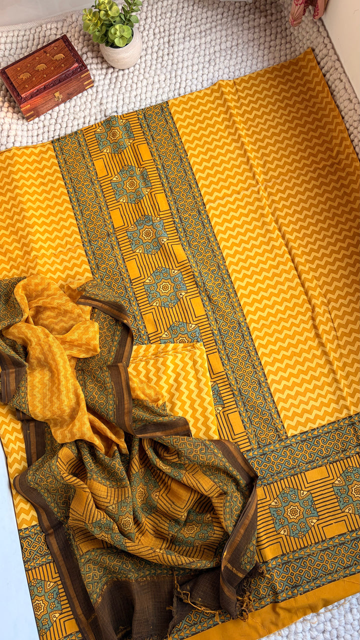 AJRAKH HANDBLOCK PRINTED UNSTITCHED DRESS MATERIAL (SET OF THREE)- YELLOW CHARM