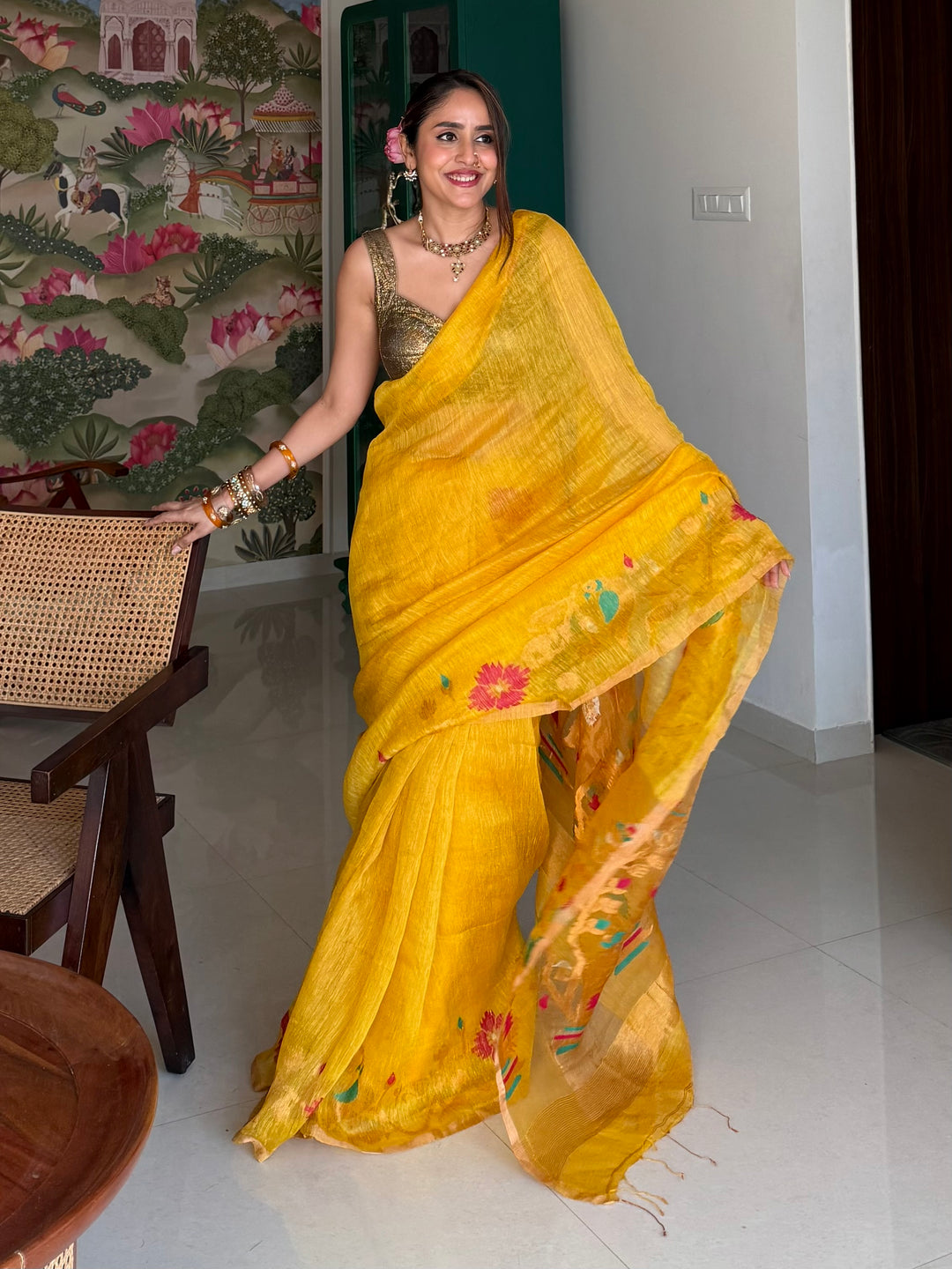 SUPER PREMIUM HANDWOVEN JAYASHREE LINEN BY TISSUE SILK NEEDLE-WORK JAMDANI SAREE - MUSTARD YELLOW