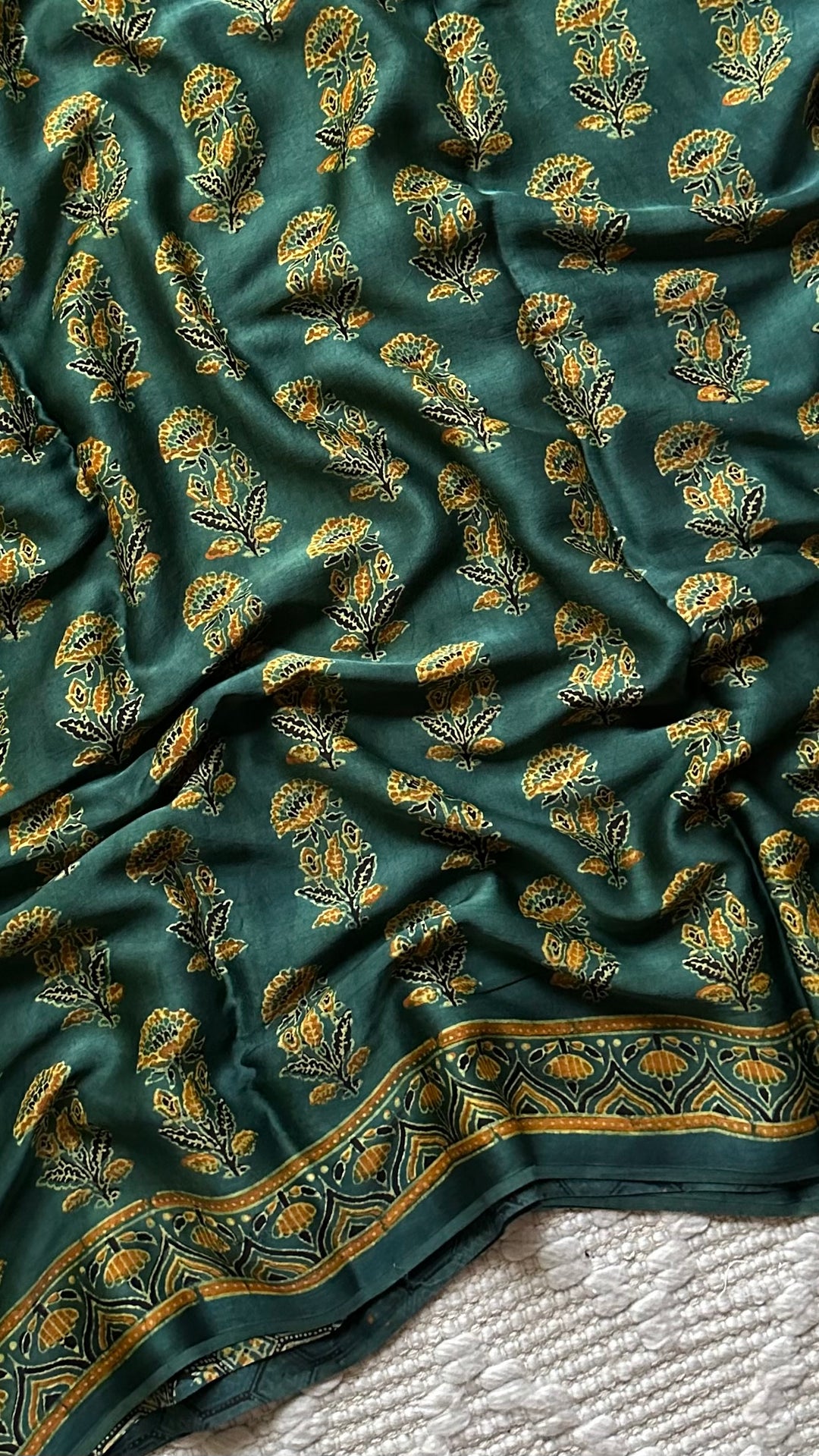 MAHIKA - DEEP GREEN PREMIUM AJRAKH HAND BLOCK PRINTED MODAL SILK SAREE