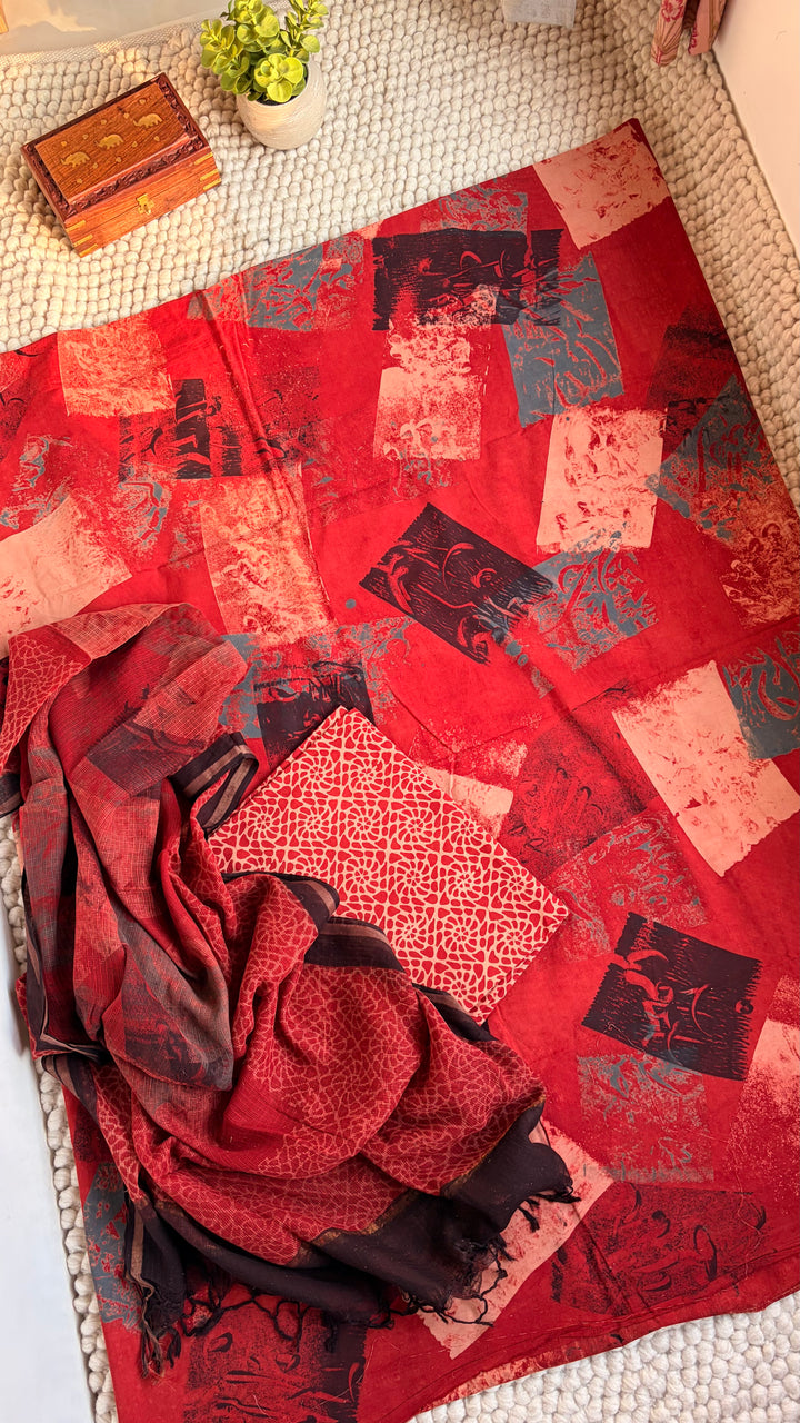 AJRAKH HANDBLOCK PRINTED UNSTITCHED DRESS MATERIAL (SET OF THREE)-  ABSTRACT RED