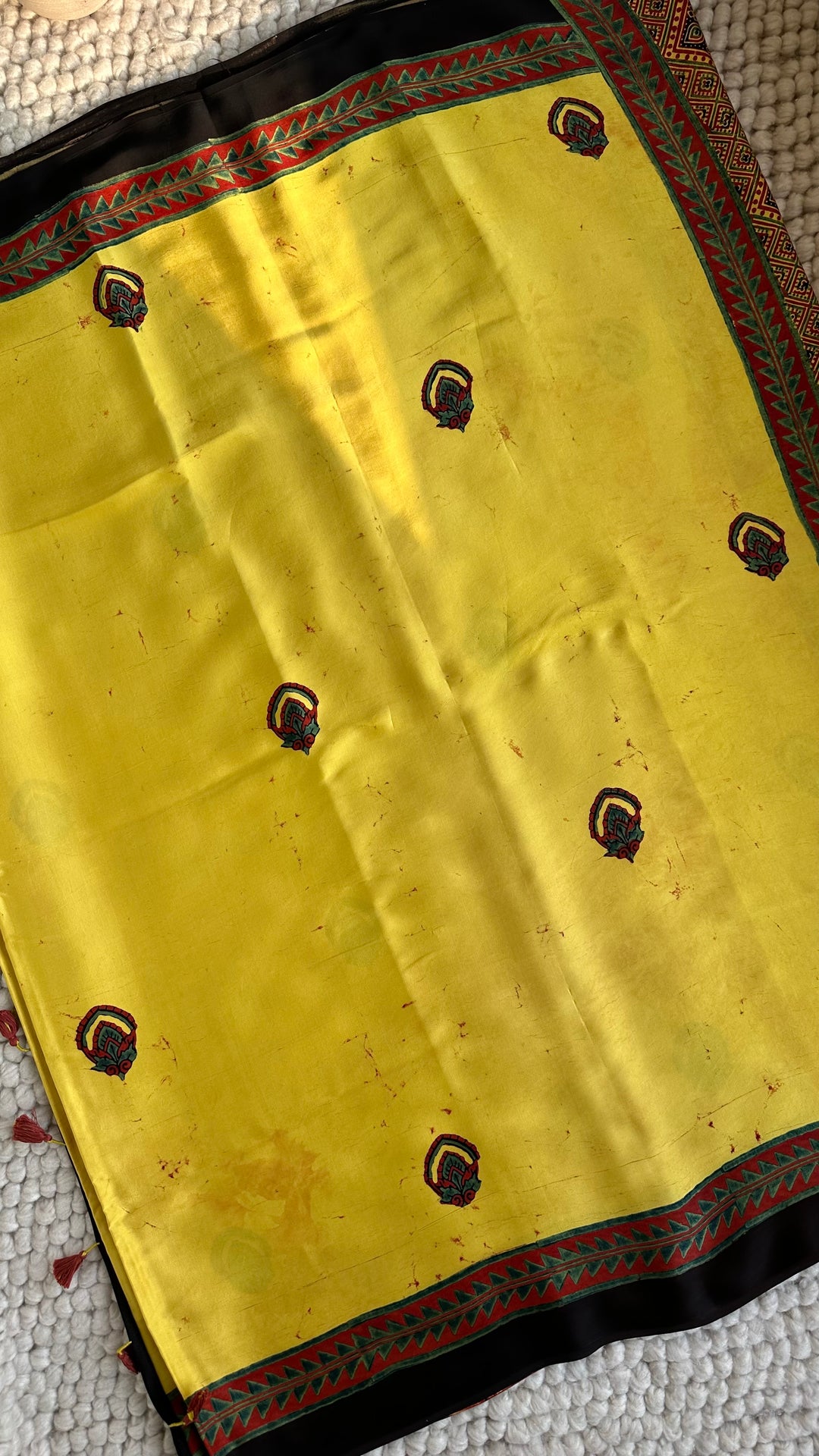 YELLOW CHARMS - AJRAKH HAND BLOCK MARBLE PRINTED PREMIUM MODAL SILK SAREE  (ONLY AVAILABLE ON PRE-ORDER - DISPATCH TIME IS 30-35 DAYS)