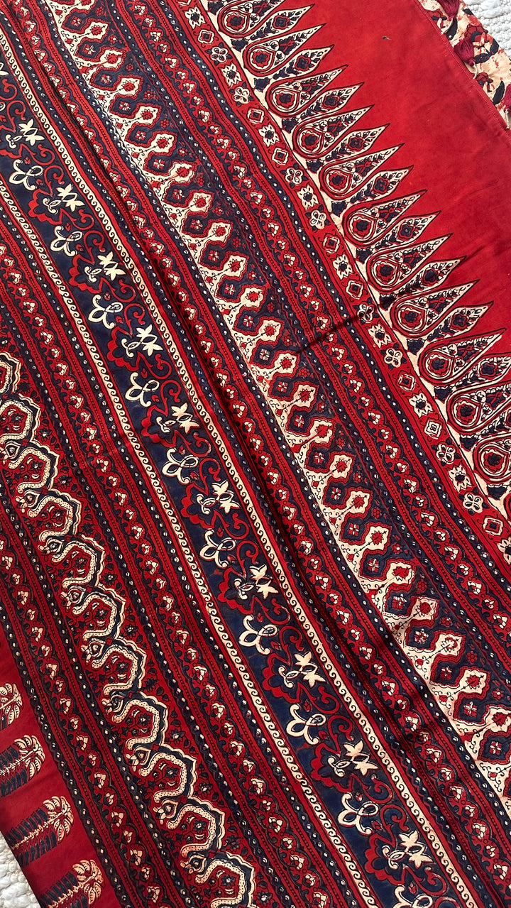 HUES OF AUTUMN- SUPER PREMIUM & BUTTERY SOFT AJRAKH HAND BLOCK PRINTED MODAL SILK SAREE (DISPATCH TIME IS 5 TO 7 DAYS)