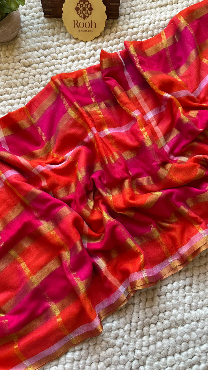 HANDWOVEN MULTICOLOUR ZARI CHECKS PURE MULMUL COTTON SAREE - 010