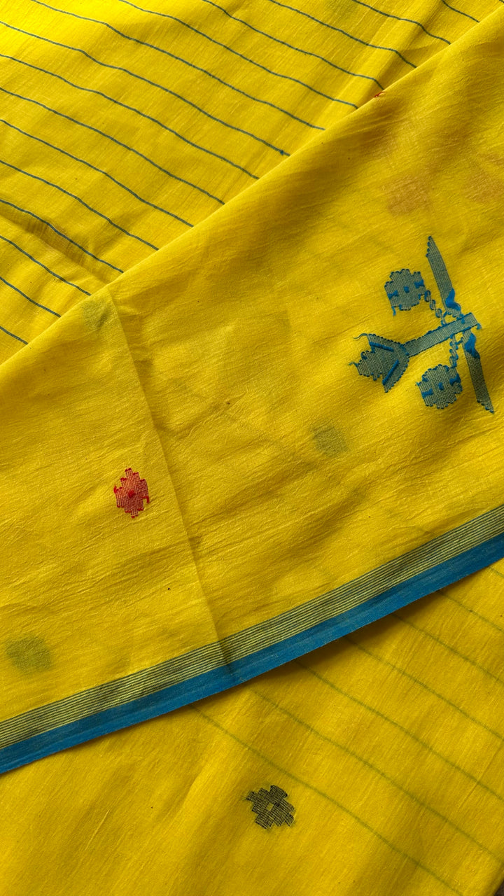 PREMIUM JAMDANI WEAVE HANDWOVEN AND HANDSPUN COTTON SAREE -  FRESH LEMON YELLOW