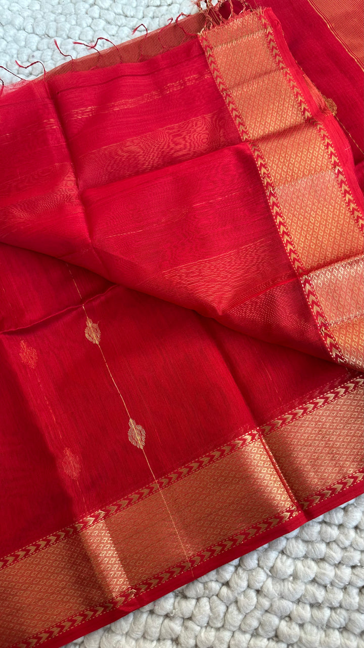 VERMILLION RED - SUPER PREMIUM HANDWOVEN MAHESHWARI PURE SILK COTTON SAREE