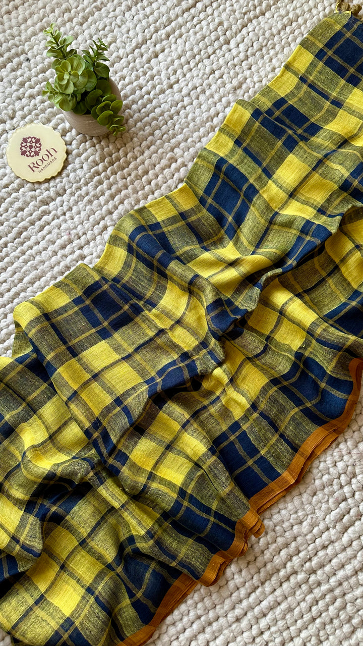 Multi Colour Checked Pure Handwoven Linen Saree - 010