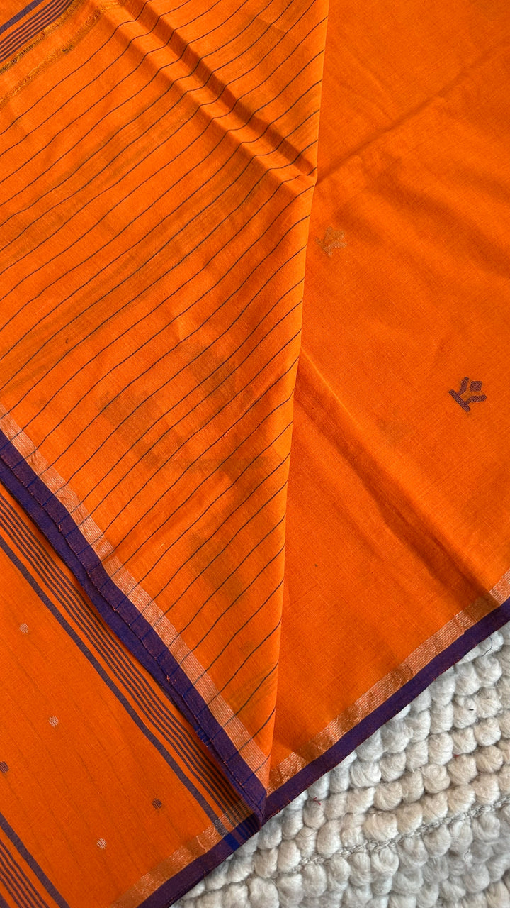 PREMIUM NEEDLE WORK JAMDANI HANDWOVEN AND HANDSPUN COTTON SAREE - SAFFRON ORANGE