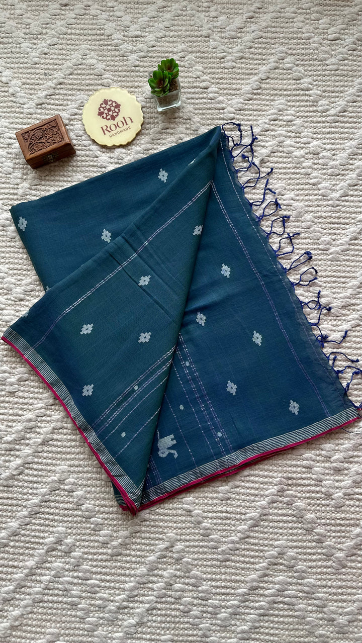 PREMIUM JAMDANI WEAVE HANDWOVEN AND HANDSPUN COTTON SAREE - PEACOCK BLUE