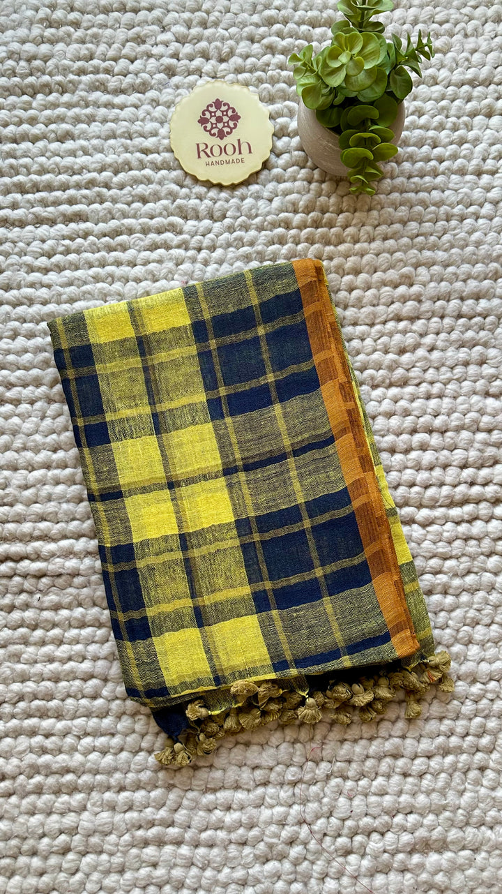 Multi Colour Checked Pure Handwoven Linen Saree - 010