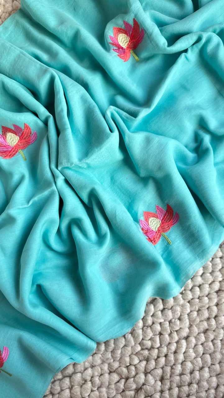 SKY BLUE - LOTUS EMBROIDERED PURE SUPER SOFT MULMUL COTTON SAREE