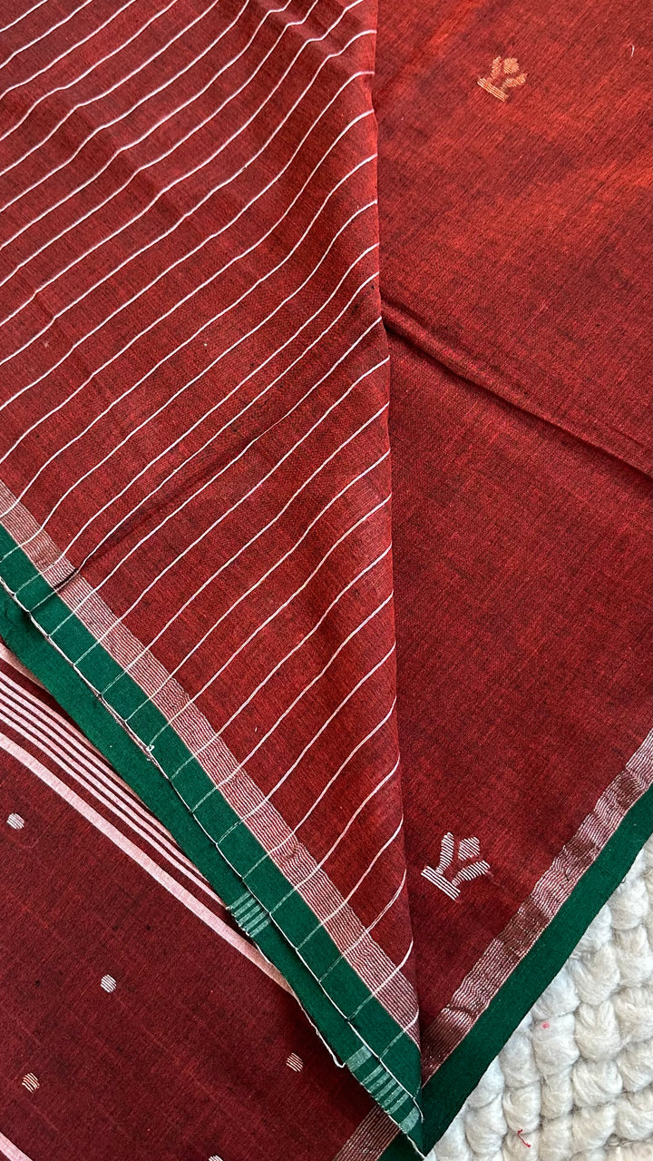 PREMIUM NEEDLE WORK JAMDANI HANDWOVEN AND HANDSPUN COTTON SAREE - RUST BROWN