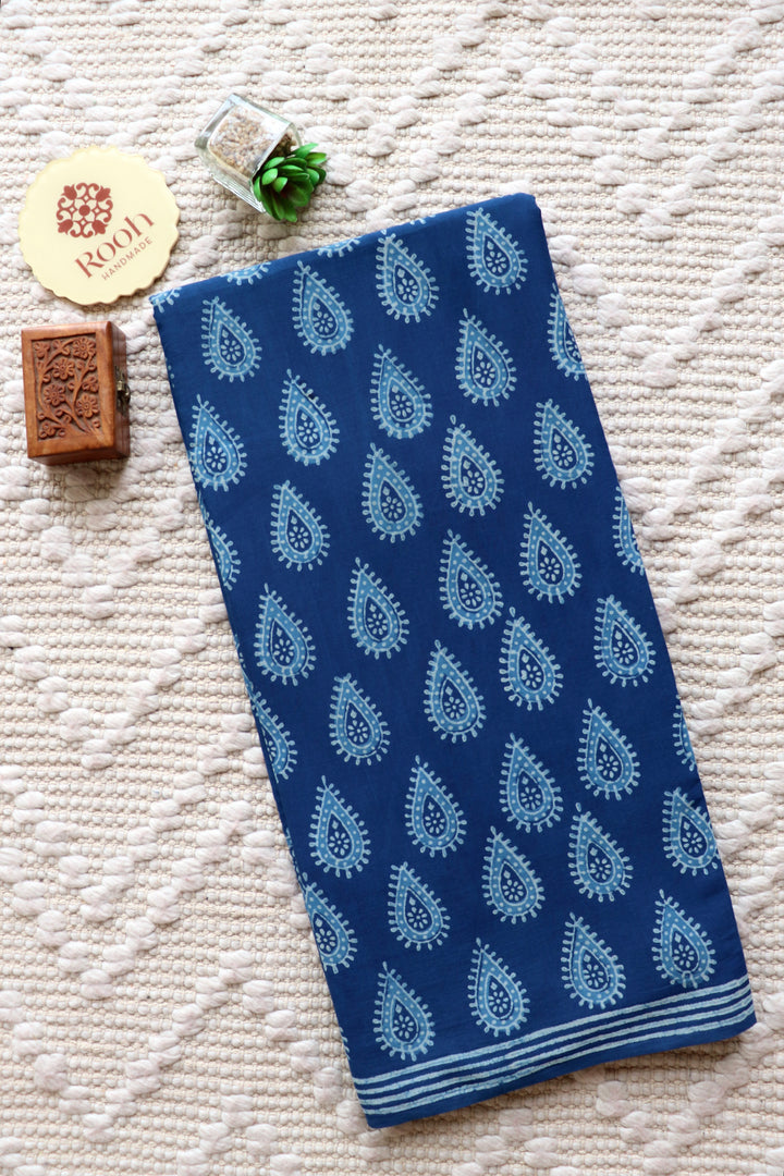 AKOLA INDIGO HAND BLOCK DABU PRINTED SOFT MULMUL COTTON SAREE- 021