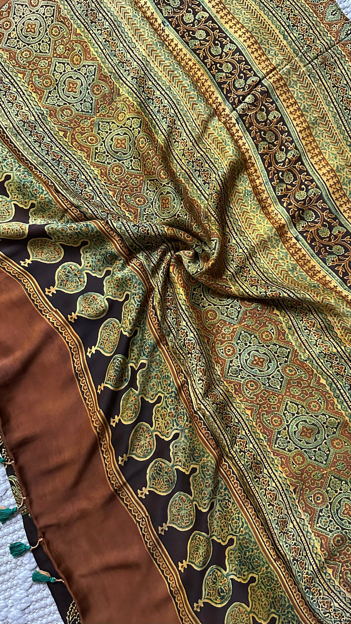 CINNAMON BLOSSOMS - DEEP BROWN PREMIUM AJRAKH HAND BLOCK PRINTED MODAL SILK SAREE(ONLY AVAILABLE ON PRE ORDER- DISPATCH TIME IS 30-45 DAYS)