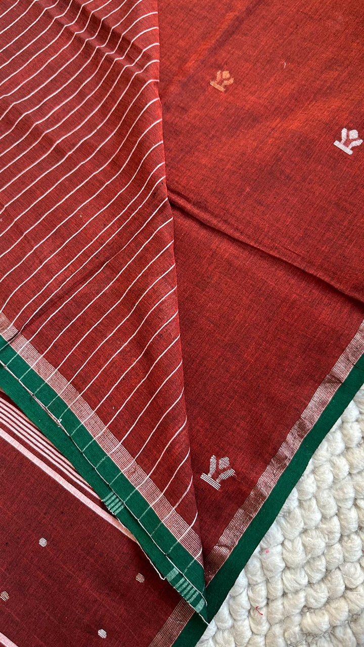 PREMIUM NEEDLE WORK JAMDANI HANDWOVEN AND HANDSPUN COTTON SAREE - RUST BROWN