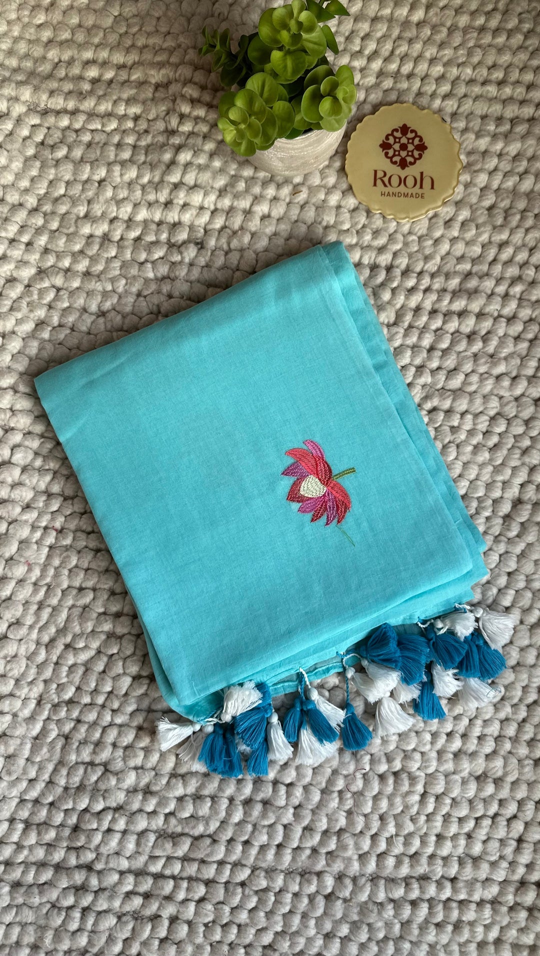 SKY BLUE - LOTUS EMBROIDERED PURE SUPER SOFT MULMUL COTTON SAREE
