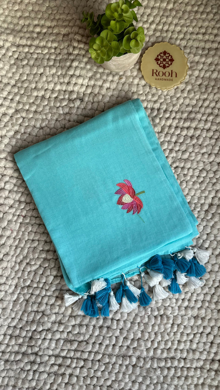 SKY BLUE - LOTUS EMBROIDERED PURE SUPER SOFT MULMUL COTTON SAREE