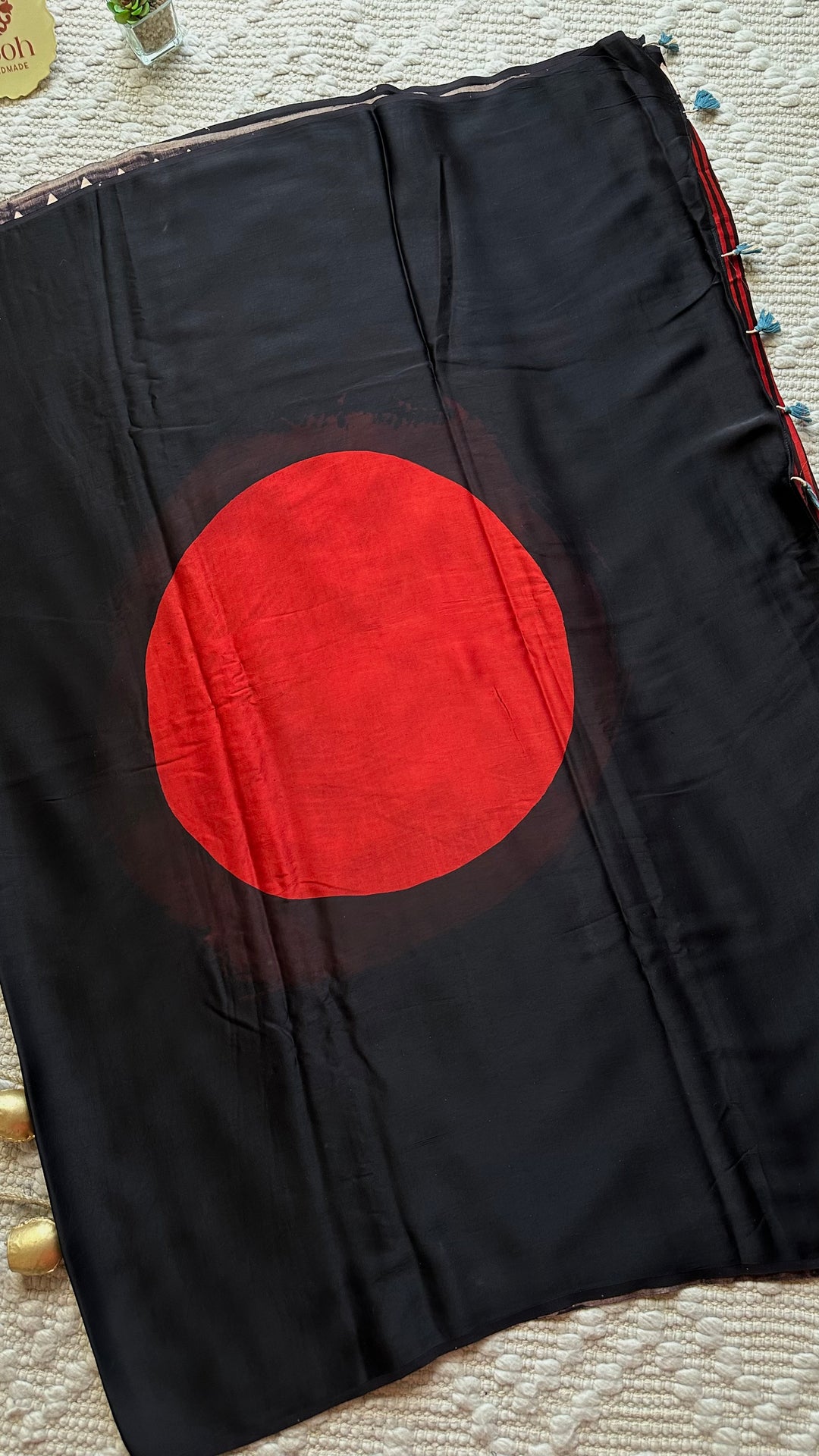 RED AND BLACK STRIPED PICHWAI - PREMIUM  AJRAKH HAND BLOCK PRINTED MODAL SILK SAREE (AVAILABLE ON PRE-ORDER - DISPATCH TIME IS 30-35 DAYS)