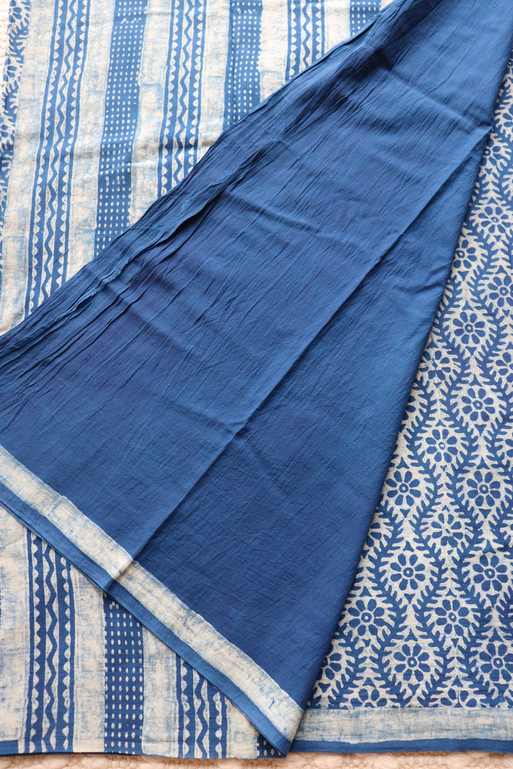 AKOLA INDIGO HAND BLOCK DABU PRINTED SOFT MULMUL COTTON SAREE- 024