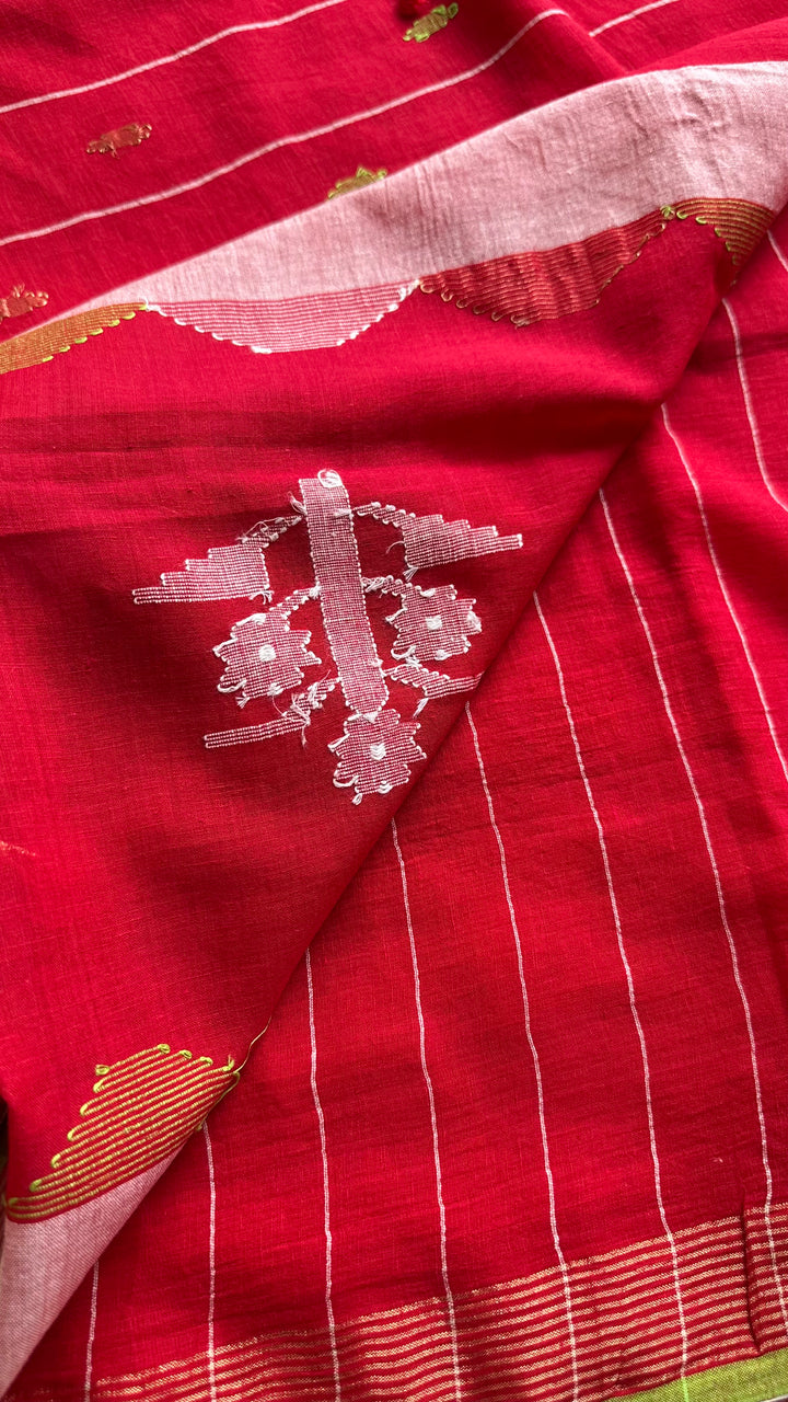 PREMIUM JAMDANI WEAVE HANDWOVEN AND HANDSPUN COTTON SAREE - CRIMSON RED