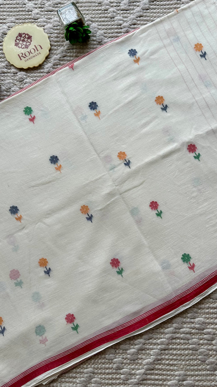 PREMIUM JAMDANI WEAVE HANDWOVEN AND HANDSPUN COTTON SAREE - WHITE & RED BLOSSOMS