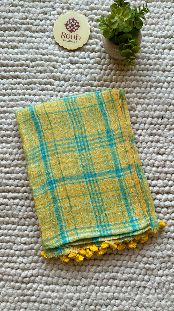 Multi Colour Checked Pure Handwoven Linen Saree - 005