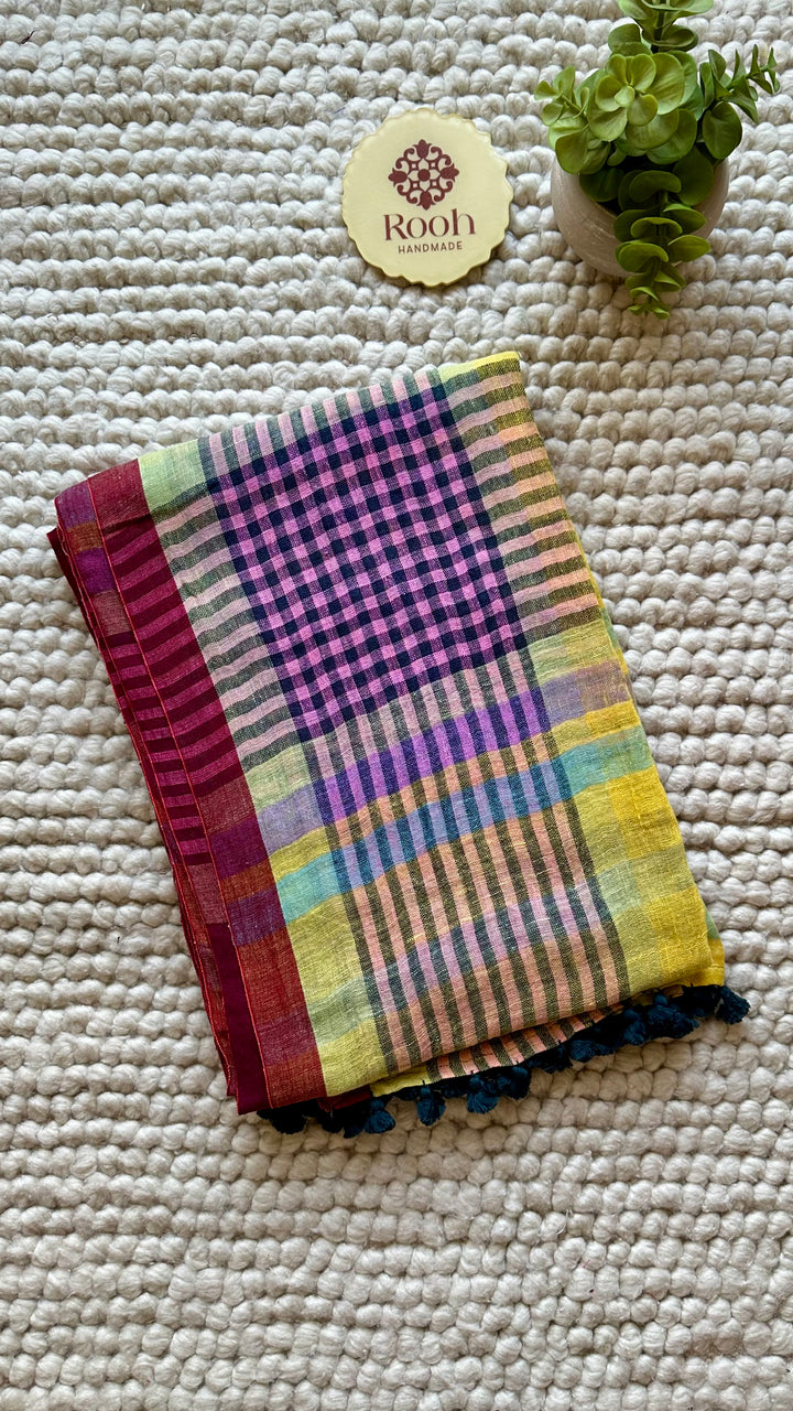 Multi Colour Checked Pure Handwoven Linen Saree - 009